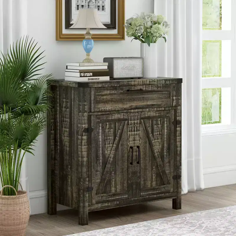 Sideboard Buffet Cabinet with Storage Drawer, Modern Farmhouse Kitchen Cabinet with 2 Barn Doors, Coffee Bar Cabinet
