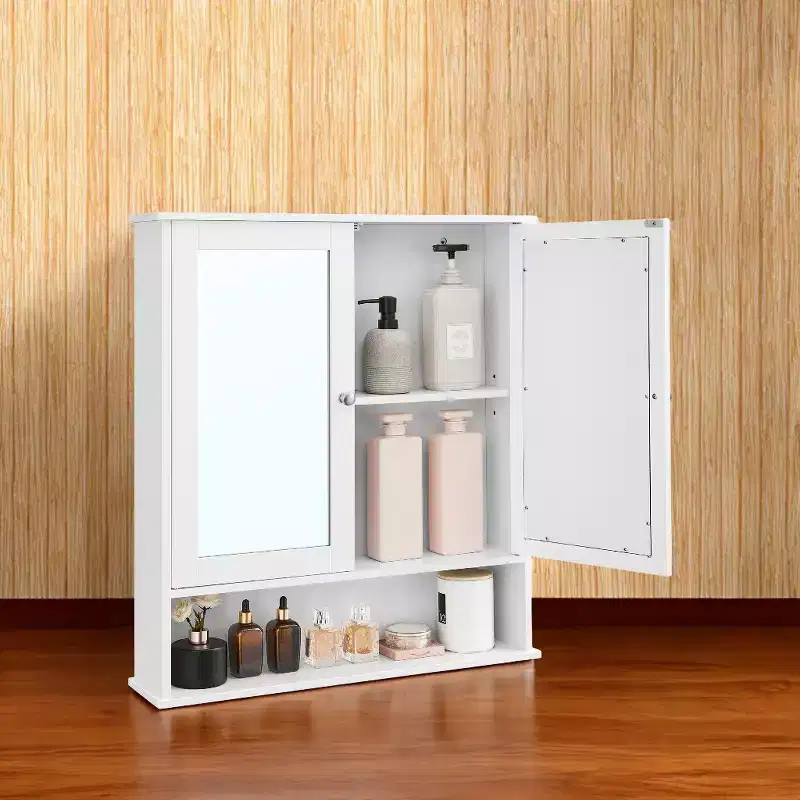 Wall-Mounted Bathroom Cabinet with 2 Mirrored Doors & Adjustable Shelf, White