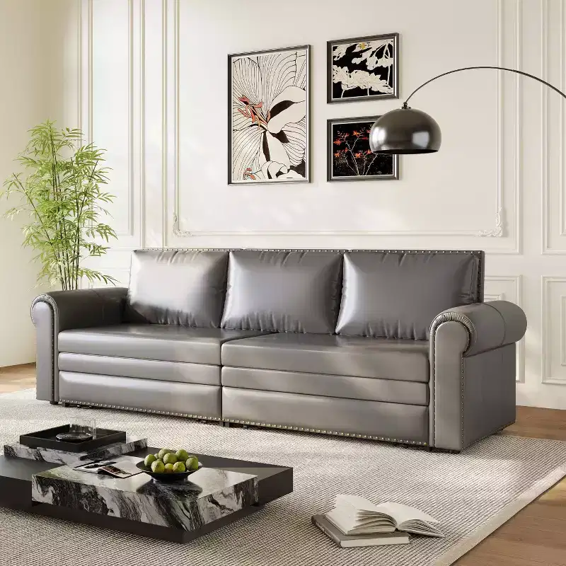 93.7 King Pull Out Sofa Bed, 3-in-1 Faux Leather Convertible Sleeper Sofa with Nailhead Trim& Rolled Arm Gray