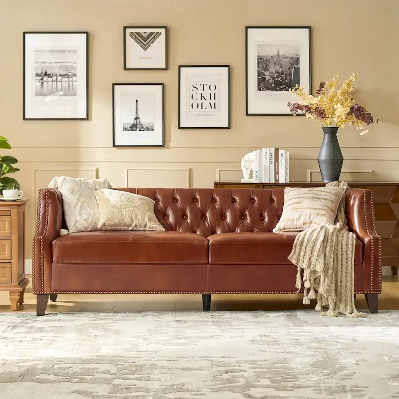 Chesterfield Genuine Leather Sofa with Button Tufting, Nailhead Trim and Solid Wood Legs – Saddle / Black / Camel, 3-Person Use