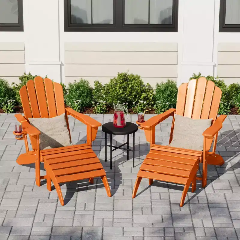 WestinTrends Highland 4-Piece Orange Outdoor Patio HDPE Adirondack Chairs With Ottomans and Cup Holder Set