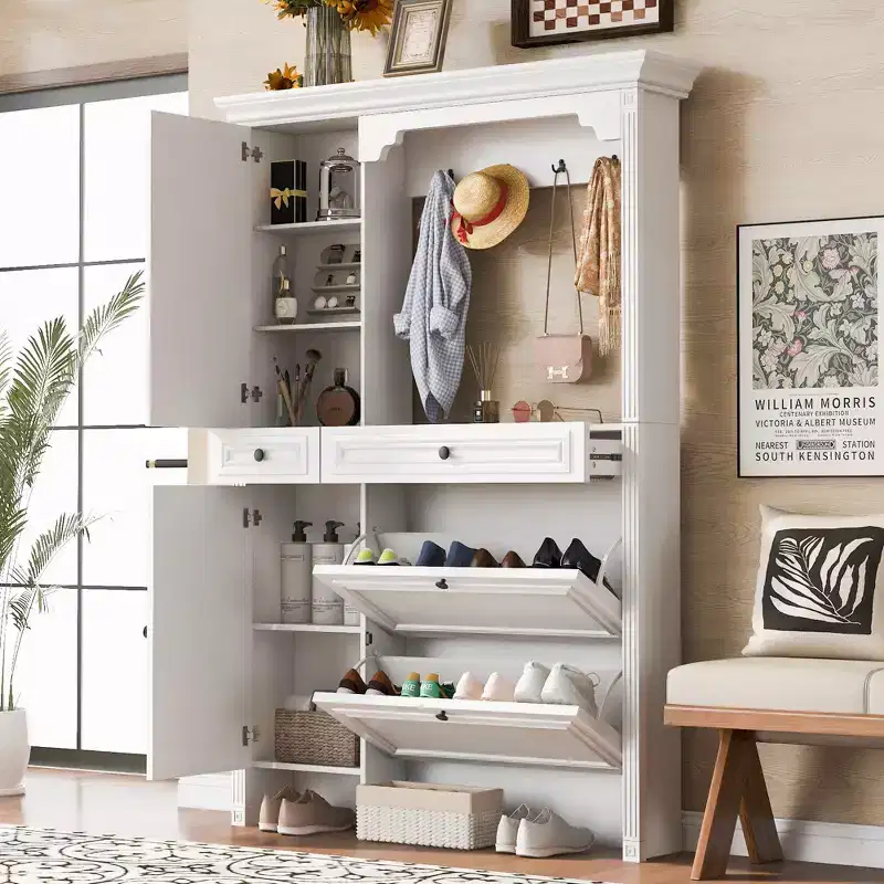 ModernLuxe 4-in-1 Hall Tree White Entryway Shoe Cabinet Mudroom Coat Rack with 4 Hooks, Mirrored Cabinet Door, 2 Flip Drawers & 2 Cabinets