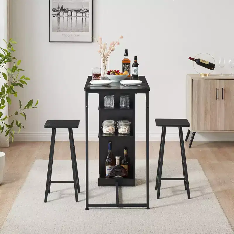 3-Piece Bar Table and Chairs Set for 2, Counter Height Dining Table with 2 Stools & Storage Shelves, Ideal for Small Spaces, Apartments, Kitchens