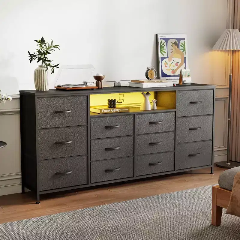 63 Dresser TV Stand with 12 Drawers, Fabric Chest with Charging Station & LED Lights, Open Shelves for 65-75 Inch TV, Modern Entertainment Center