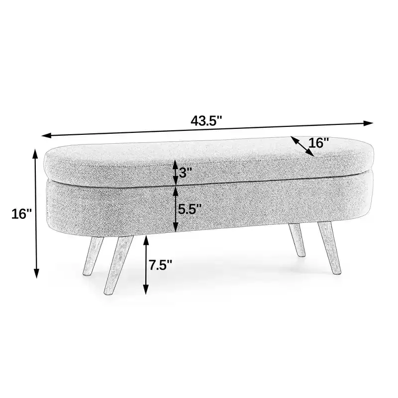 Oval Upholstered Storage Bench with Rubber Wood Legs, Modern Entryway Ottoman for Living Room Hallway Bedroom