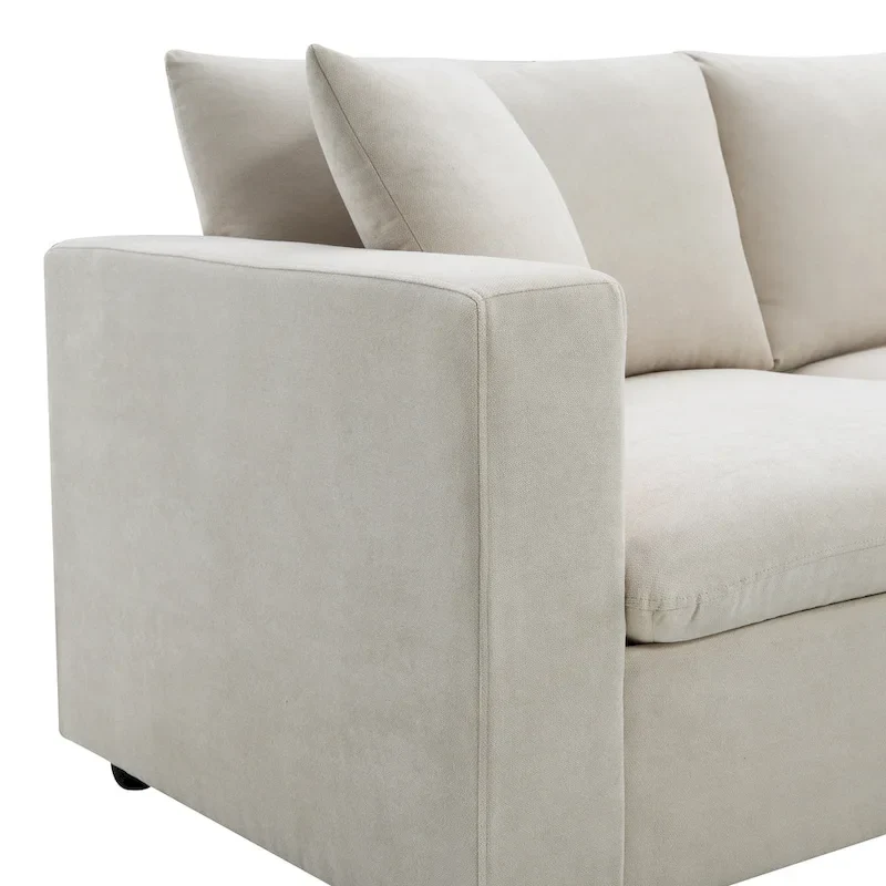 L-shaped Polyester Fabric Couch Set with 2 Free Pillows and Convertible Ottoman