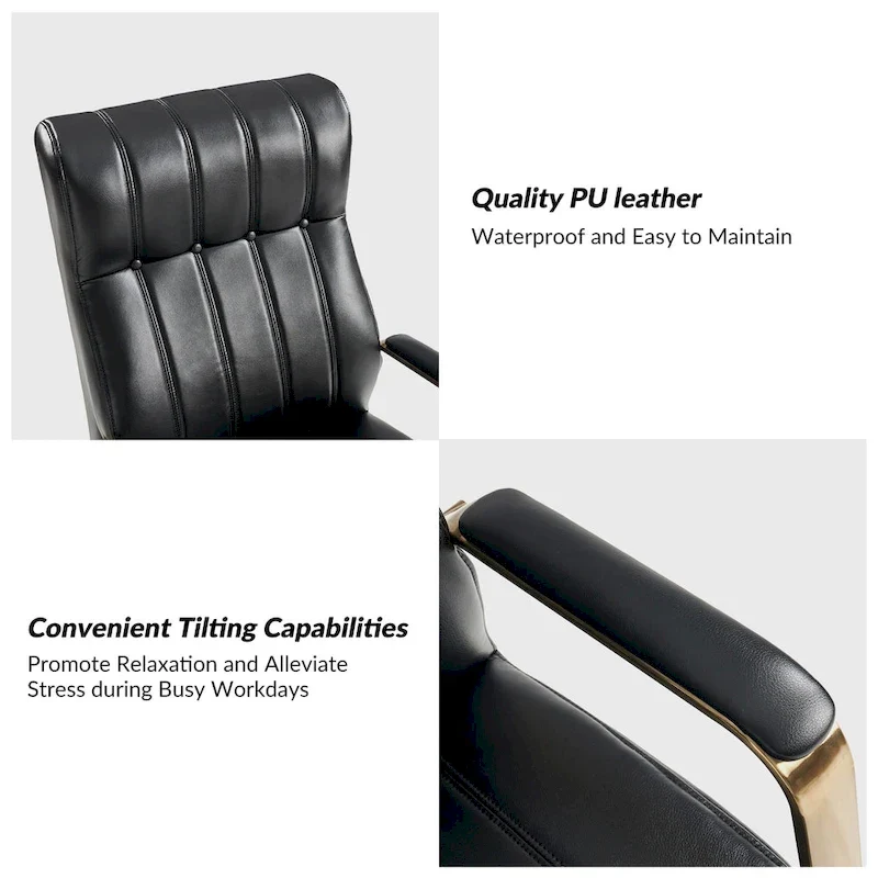Mid-Century Modern Vegan Leather Swivel Tilting Office Chair with Channel Tufted and Metal Feet