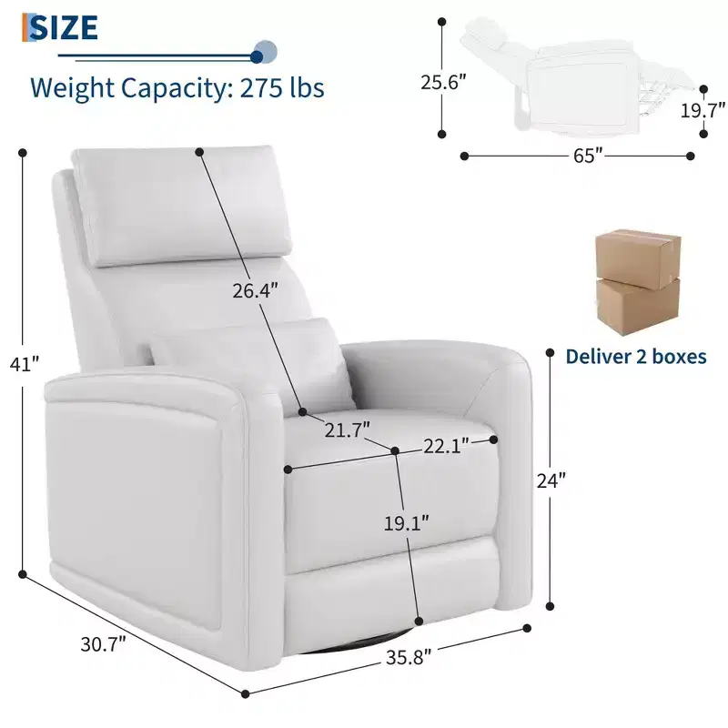 COZONY Manual Recliner Chair w/ Swivel and Rocker, Adjustable Backrest and Footrest, Faux Leather Armchair for Living Room
