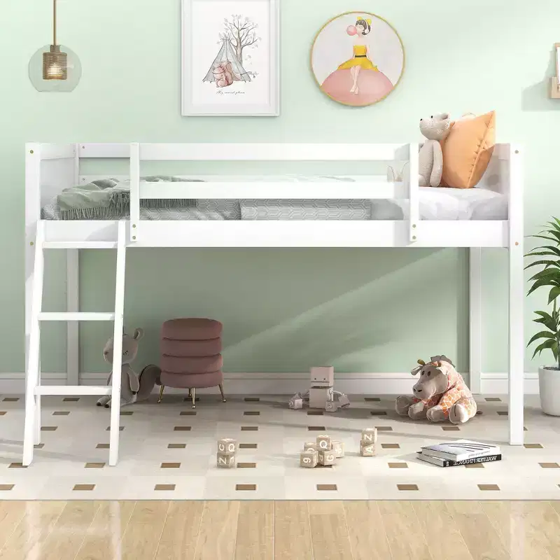 Okak 79.5IN Twin/Full Size Kids Loft Bed with Removeable Ladder, Bed Frames with Safety Guardrails, Loft Bed for Kids Room, Play Room