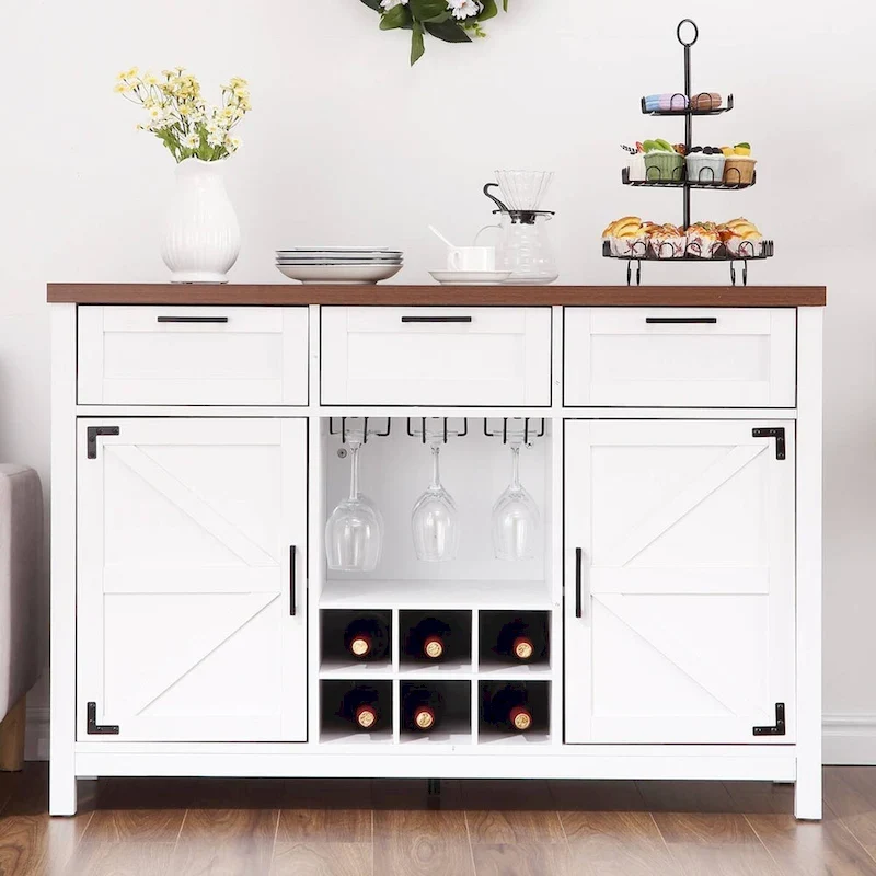 Wine Bar Cabinet, Sideboard with 3 Drawers and Cup Rack