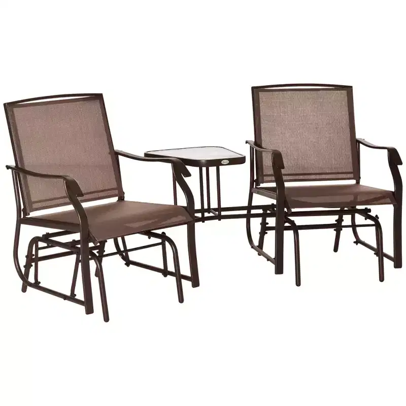 Steel Frame Outdoor Glider Bench with Tempered Glass Coffee Table 2-Seat Brown