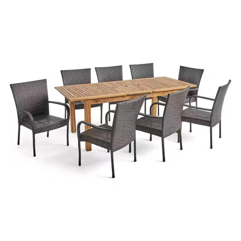 Hayes 9pc Wood & Wicker Expandable Dining Set: Patio Seating for 8 - Christopher Knight Home