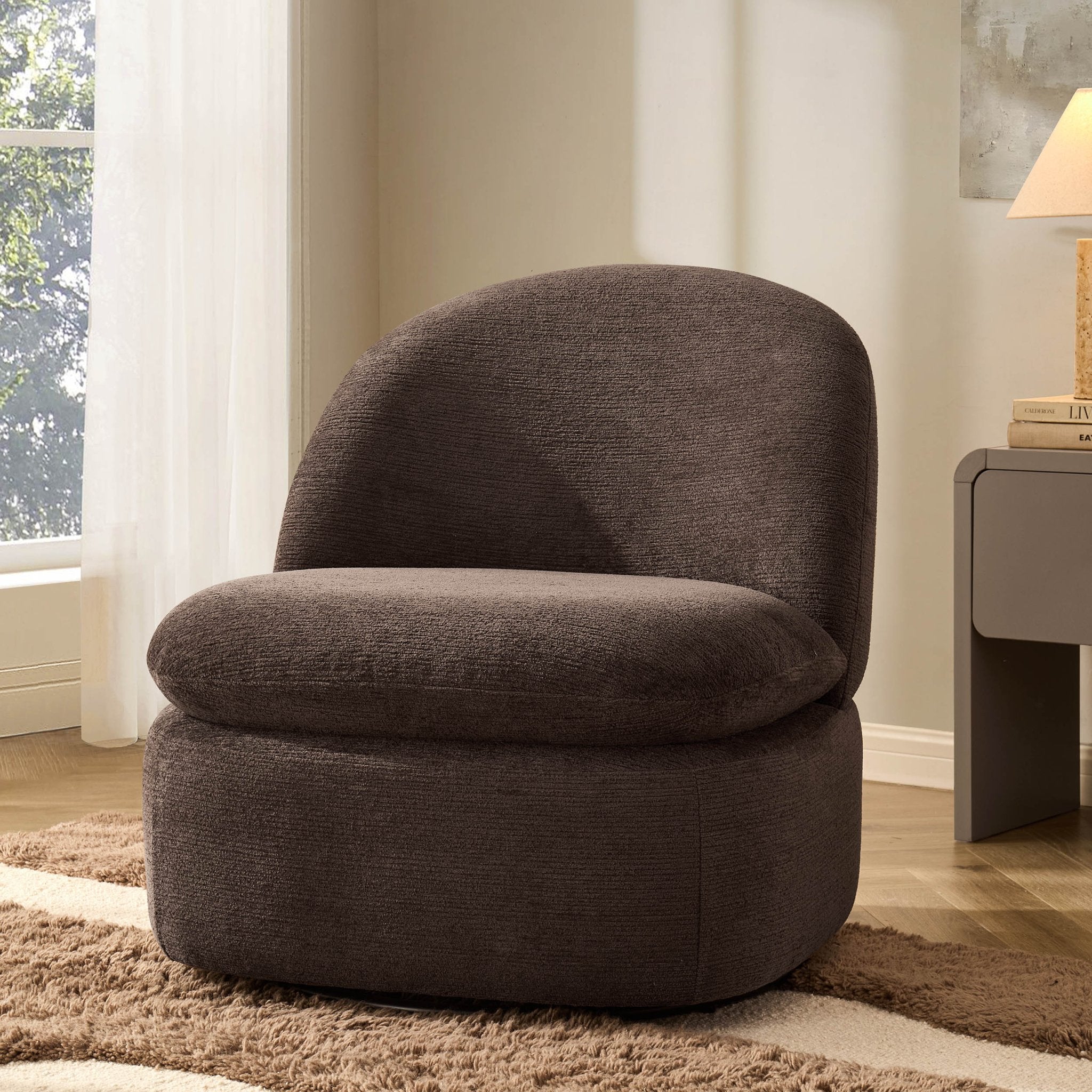 Modern Cappuccino Textured Fabric Swivel Accent Chair with 360° Rotation for Living Room