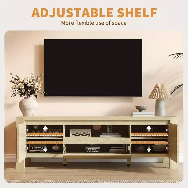 63 Farmhouse TV Stand with Cabinet, Entertainment Center for TVs Up to 70 Inches, No Assembly Required, Natural Finish