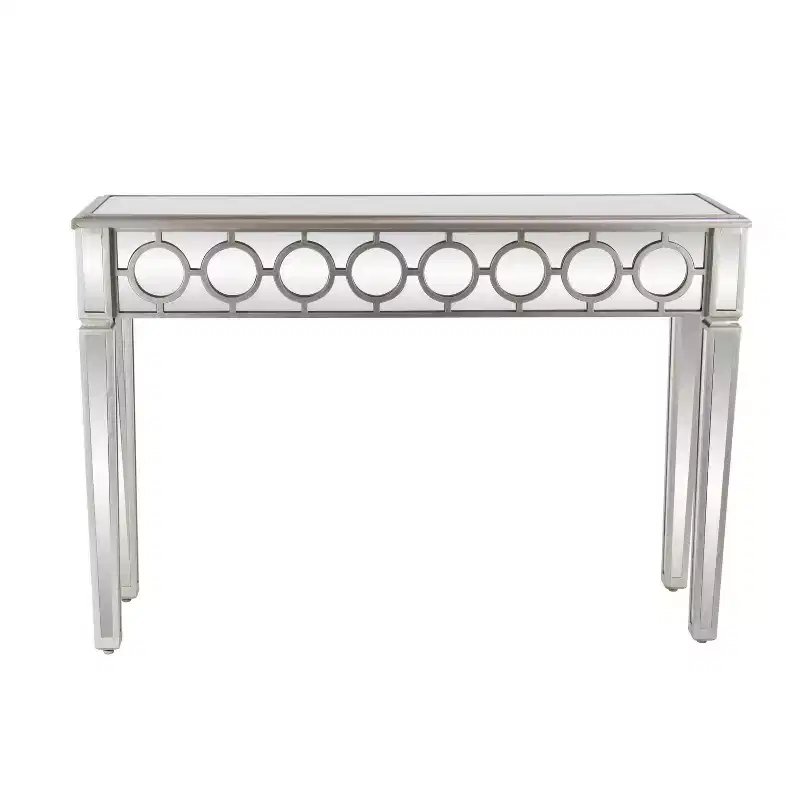 Glam Mirror and Wood Patterned Console Table Silver Elegant Entryway Furniture, Narrow Design