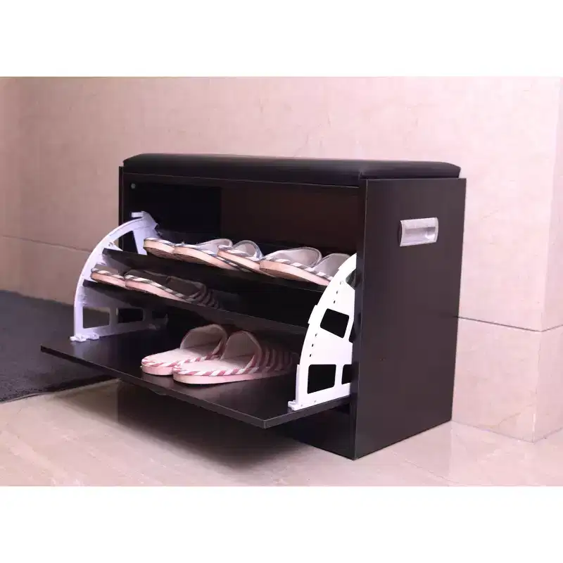 Shoe Storage Bench with Leather Cushion, Classic Black Wooden Entryway, Fold-Out Hidden Double Shoe Rack, Easy Assembly, Comfortable Seat