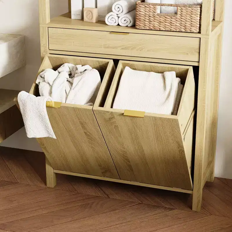 Famapy Natural Wood Bathroom Laundry Tower with Dawer and Open Shelves,Tilt-Out Hampers,Bathroom & Laundry Room Storage Cabinet
