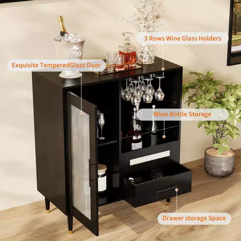 Modern Wine Bar Cabinet with Glass Door Display  Wine Glass Rack, Drawers, Ample Storage  Buffet Sideboard for Home, Kitchen, Dining, Living Room