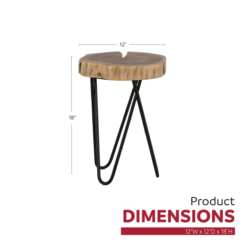 12 in. Round Acacia Wood Accent End Table with Black Metal Legs