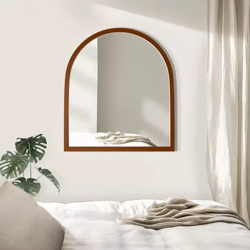 Solid Wood Straight Edge Right-Angle Arched Walnut Color Hanging Mirror 90x80x2cm (Double-Sided Mounting)