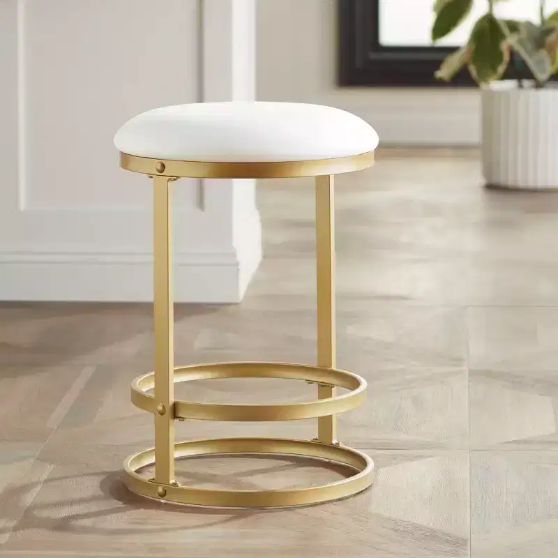 55 Downing Street Palmer Gold Metal Bar Stool 26 High Modern White Fabric Round Cushion with Footrest for Kitchen Counter Height Island Home House
