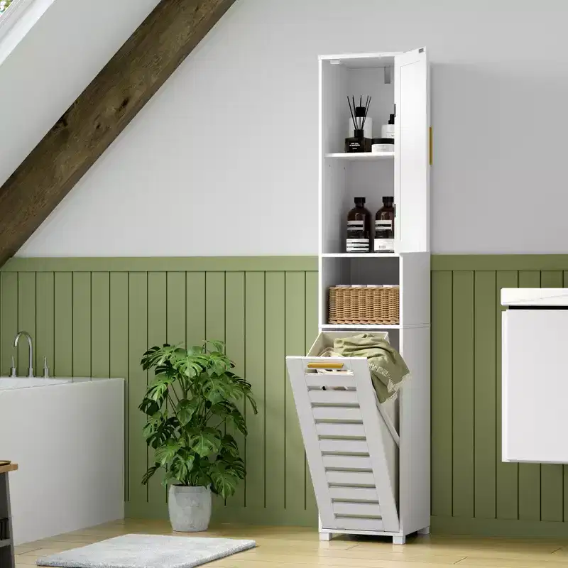 VECELO Tall Bathroom Cabinet With Mirror & Door, Tilt Out Laundry Hamper Cabinet with Removable Laundry Basket, White