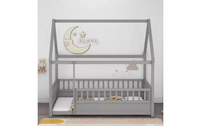Full House Floor Bed Frame With Roof, Full Size Toddler Montessori Bed With Heighten Fence, for Kids, Boys and Girls, Easy Assembly, Grey