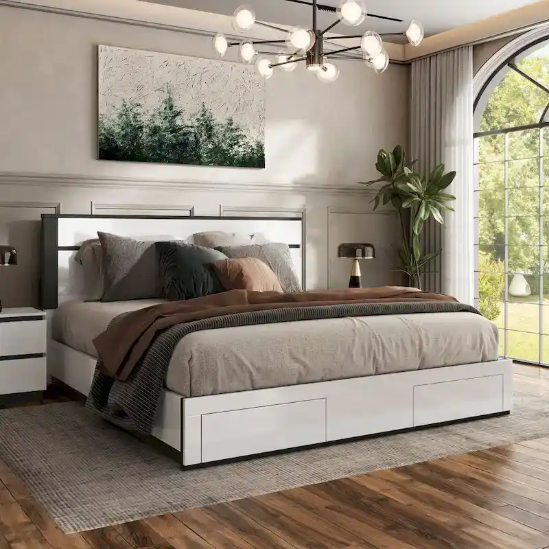 Modern White 2-Drawer Platform Bed