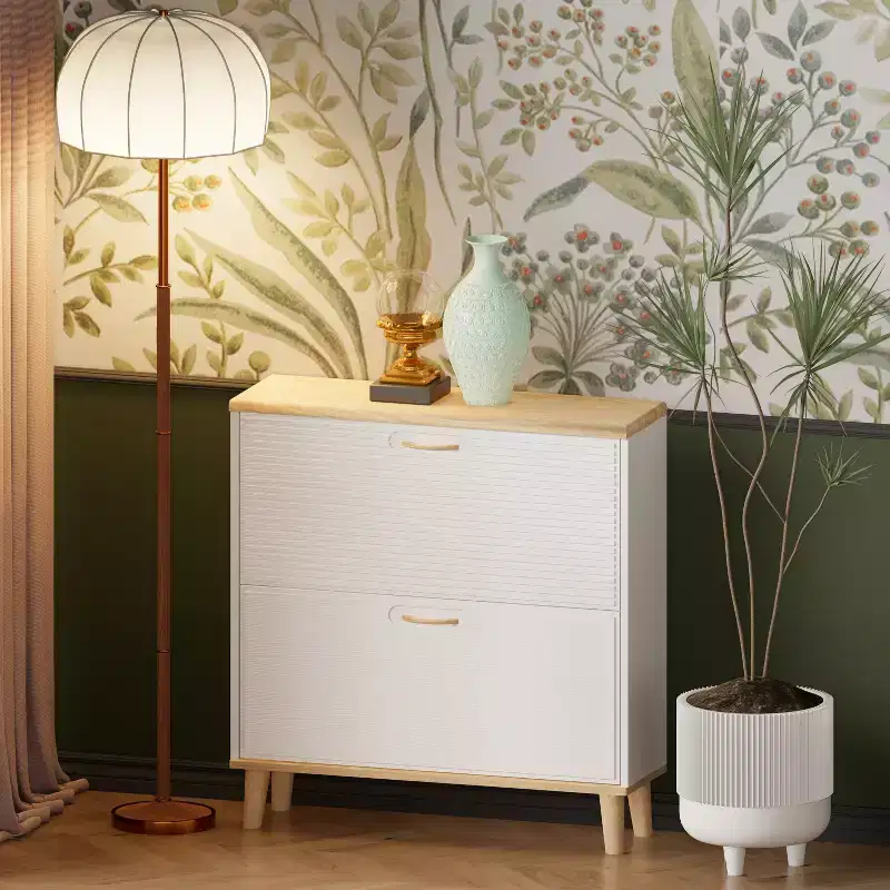 Shoe Cabinet Narrow Entryway, Compact Freestanding Shoe Rack with 2 Flip Drawers and Natural Wood Legs, Holds 8-16 Pairs of Shoes, for Entryway