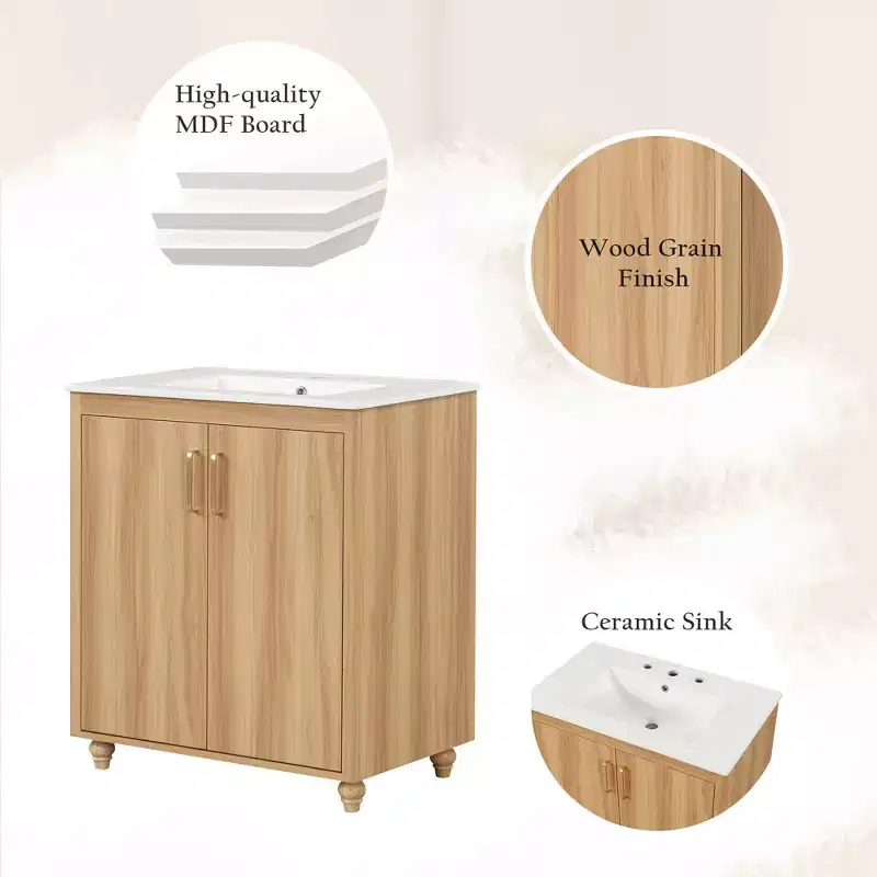 30-Inch Bathroom Vanity with Sink, Cabinet, Drawer & MDF Construction – Natural Finish