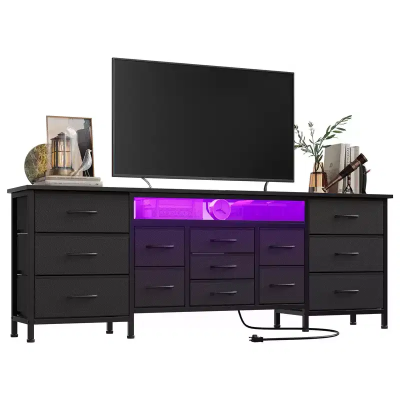 13 Fabric Drawer Dresser for Bedroom, Long Dresser TV Stand with Power Outlet & LED Light