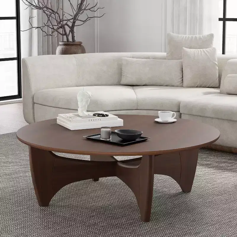 PexFix 38 Round Modern Coffee Table Farmhouse Solid Wood Tea Table with Cross Sturdy Legs for Home Office Living Room Walnut