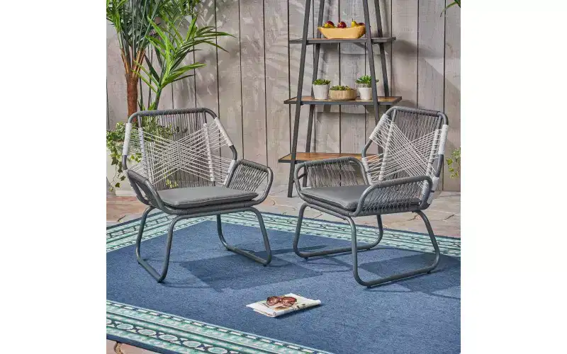 Patio Club Chairs Set Of 2, Outdoor Woven Rope Club Chairs With Steel Frame, Dining Chairs With Water Resistant Cushion For Garden, Backyard