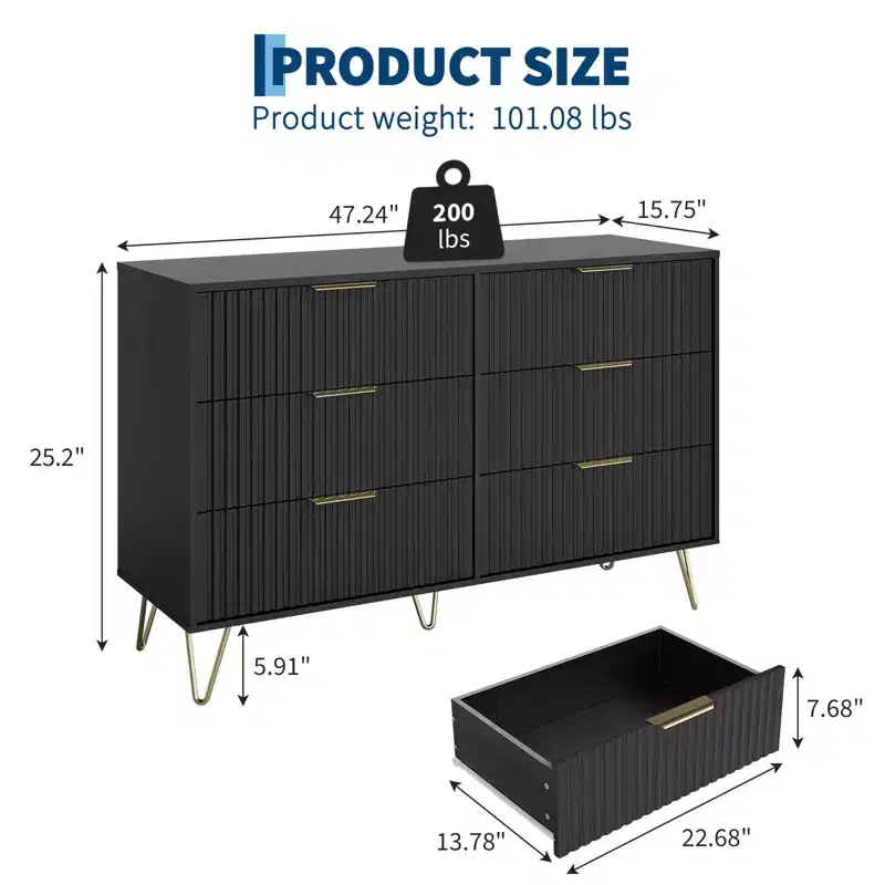 Modern Wood Dresser with 6 Fluted Drawers, Large Storage Chest with Metal Handles, Anti-Tip Bedroom Dresser for Bedroom, Living Room, Hallway