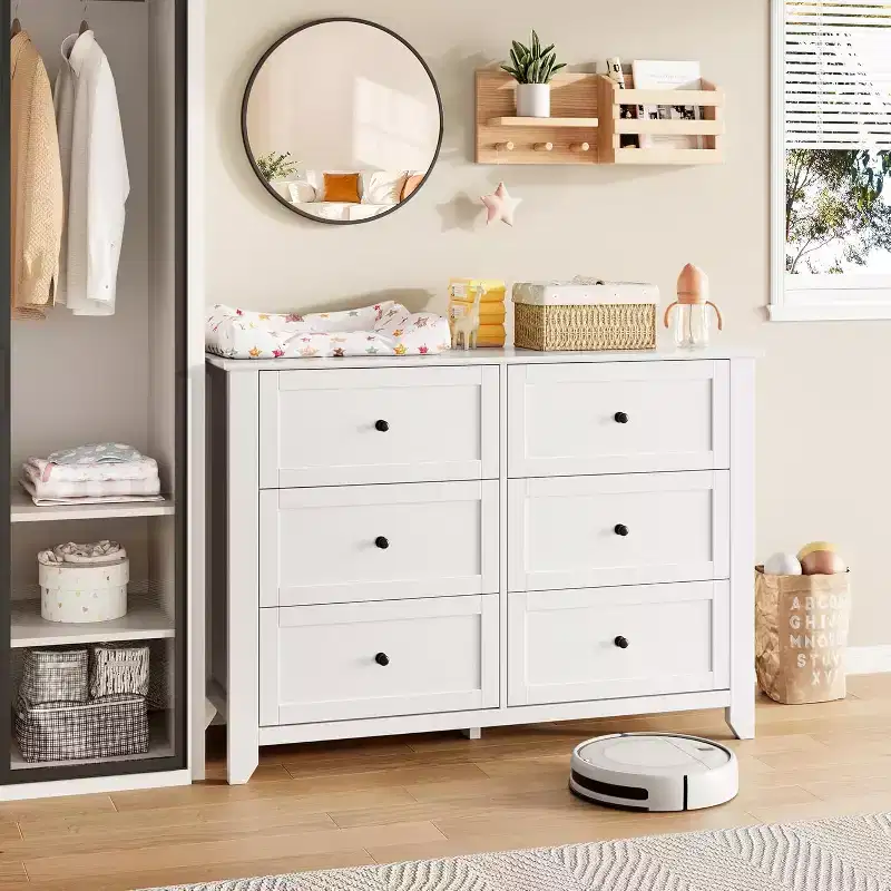 White Modern 6 Drawer Wooden Dresser, Large Chest of Drawers with Deep Drawers & Metal Knobs for Bedroom, Entryway & Hallway