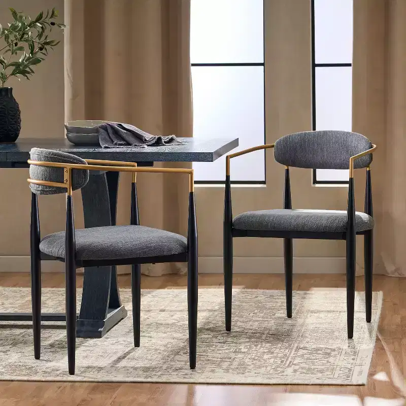 Okak Set of 2 Modern Dining Chairs, Fabric Dining Room Chairs, Upholstered Kitchen Side Chairs with Curved Backrest & Metal Frame