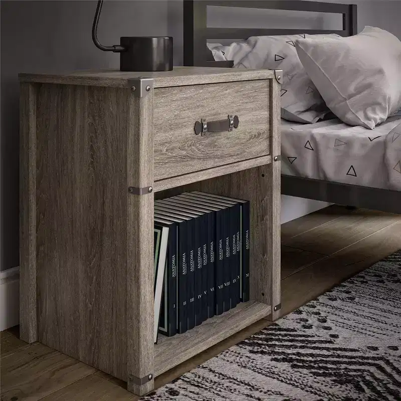 Max & Finn Nova 1 Drawer Storage Nightstand with Leather Drawer Pull, Gray Oak
