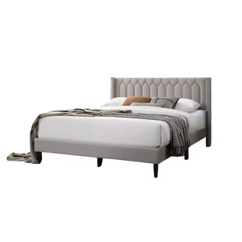 Queen Size Bed with Geometric Stitched Light Brown Burlap Upholstery