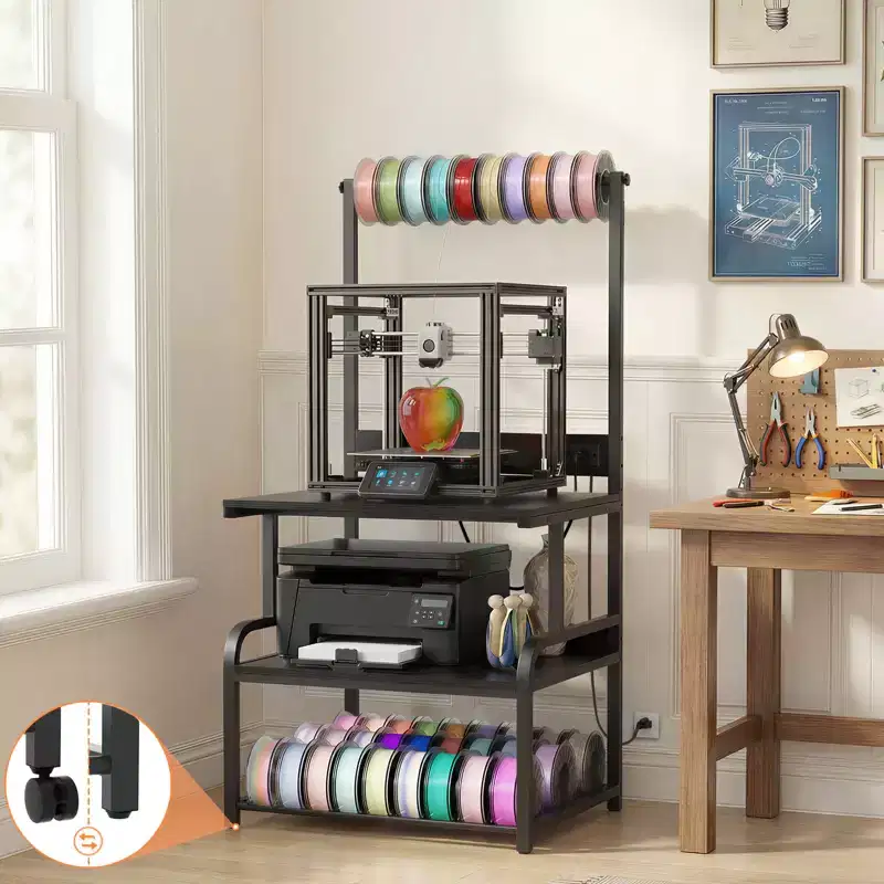 Large Printer Stand with 4-Tier Storage and Charging Station, 3D Printer Table with Filament Storgae and Rolling