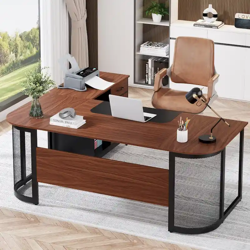 Large 63 L-Shaped Executive Office Desk with 31 File Cabinet