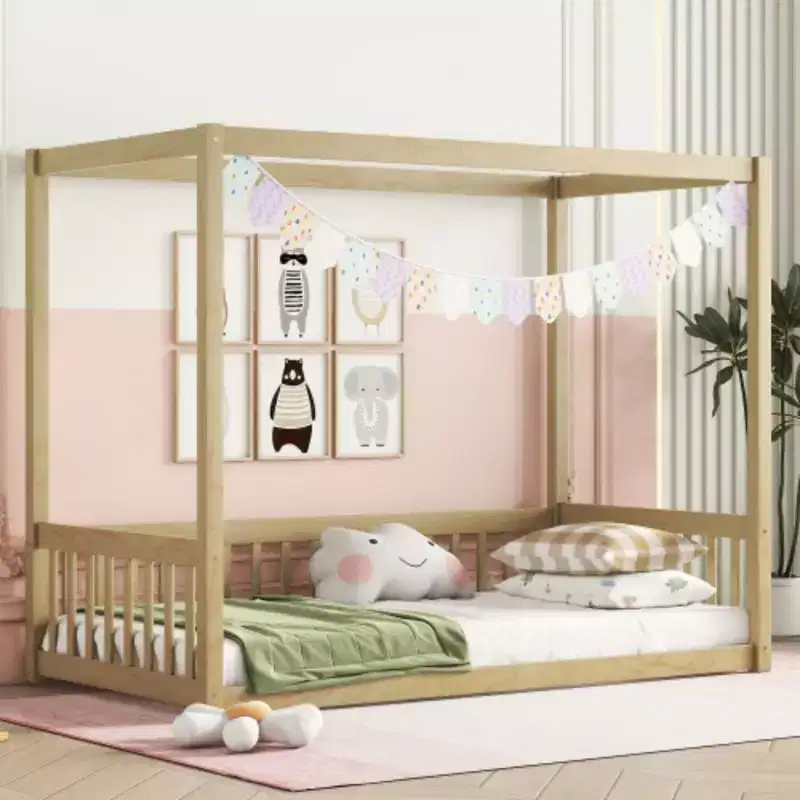 Durable Twin Size Canopy Frame Floor Bed with Fence