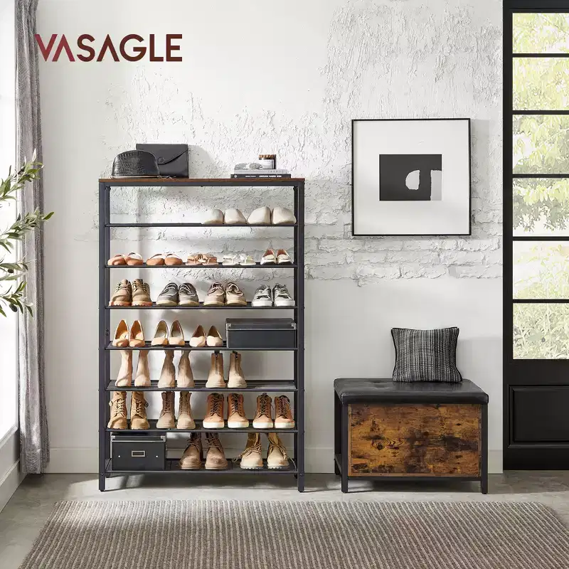 8 Tier Shoe Rack, Shoe Organizer, 32-40 Pairs of Shoes, Large Shoe Rack Organizer with 7 Metal Mesh Shelves, Rustic Brown and Black