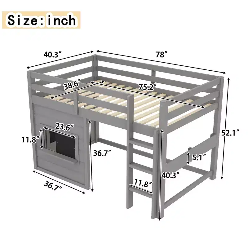 Kids Loft House Bed with Chalkboard | Twin/Full Wood Bed Frame with Play Space & Built-in Bookshelf | Cabin-Style Bunk for Boys & Girls