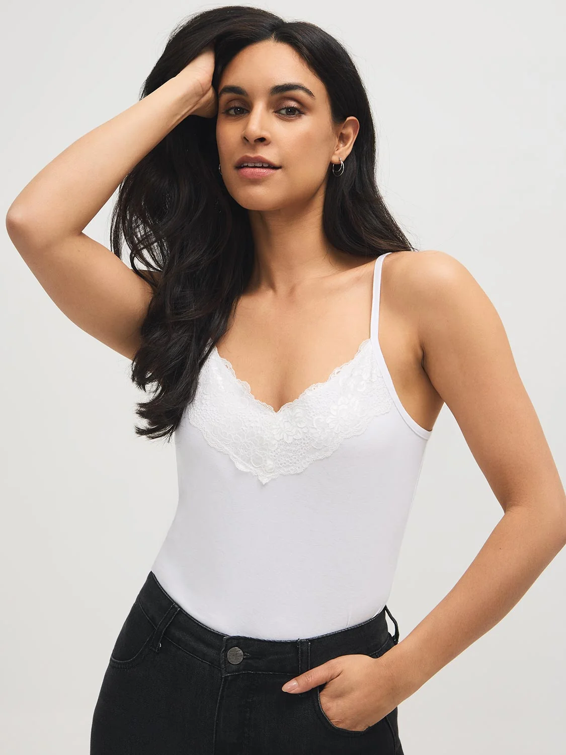 Cotton-Blend Tank Top With Lace Trim