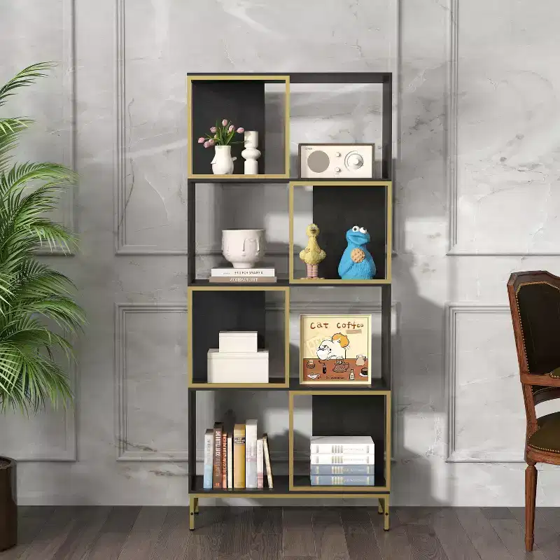 GDFStudio Callie 4-Tier Industrial Wood and Metal Bookcase with Asymmetrical Shelves
