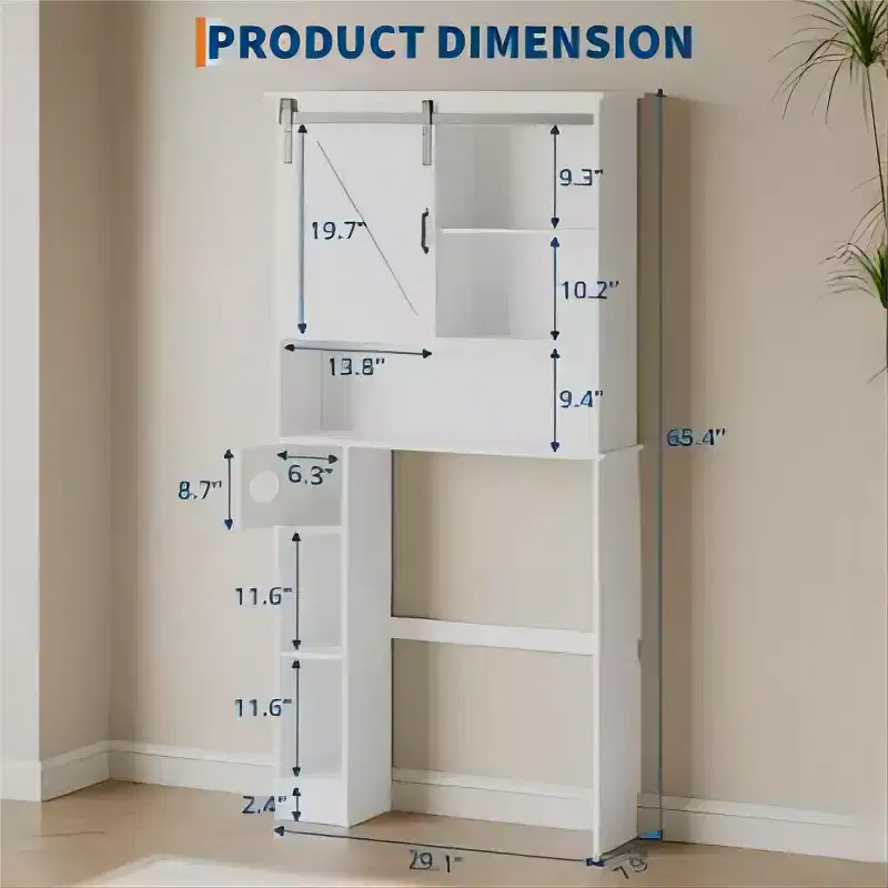 White Over Toilet Storage Cabinet with Barn Door and Tissue Holder