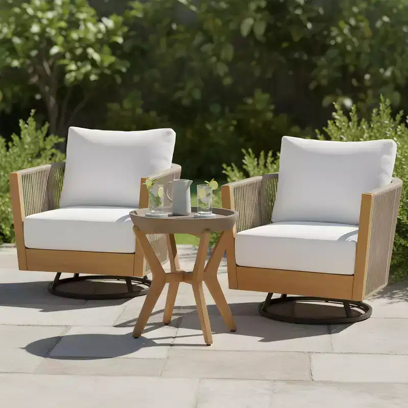 Christopher Knight Home Nguyen Modern 3 Piece Acacia Patio Swivel Chairs with Rope Design and Side Table Set