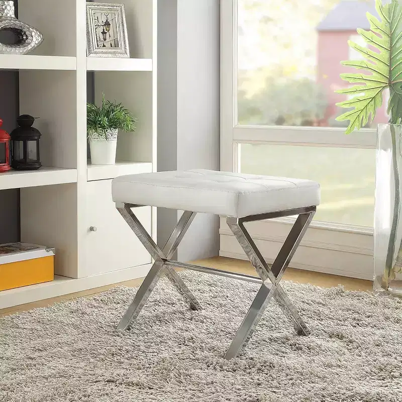 White Faux Leather Vanity Bench with Chrome X-Frame Base