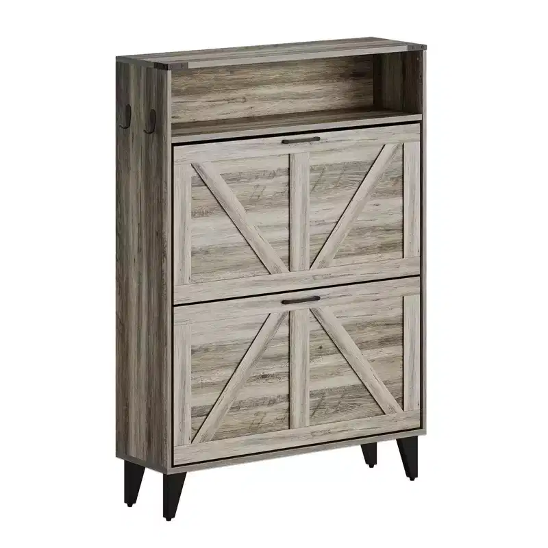 Slim Shoe Storage Cabinet with 2 Flip Drawers, Freestanding Narrow Shoe Organizer for Entryway, Hallway, or Foyer