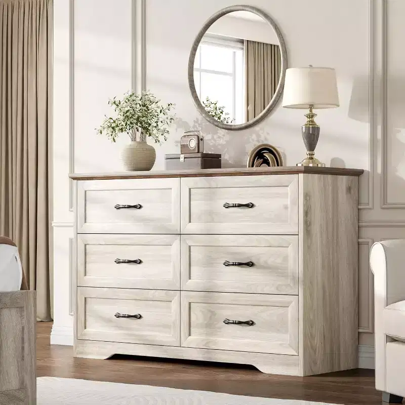 6-Drawer Wooden Dresser for Bedroom with Wide Metal Handles, Modern Farmhouse Style Chest of Drawers, Storage Organizer for Bedroom and Living Room